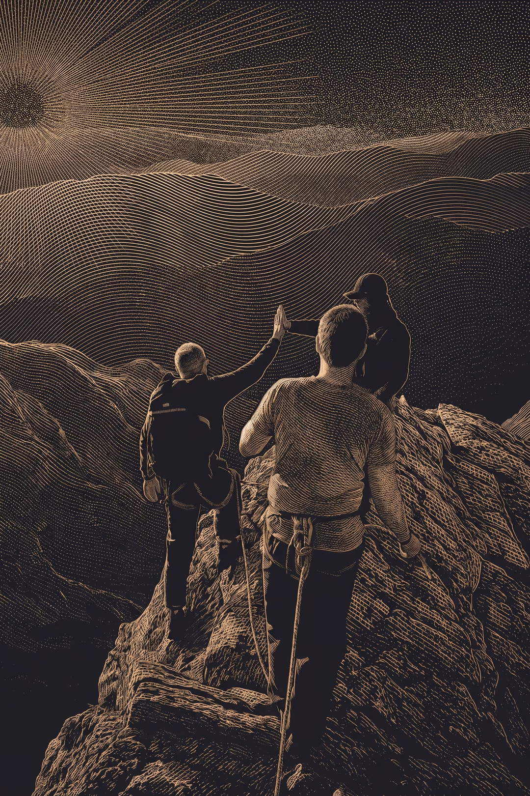 Una cordada en la montaña al atardecer: un escalador tiende la mano al que viene detrás.